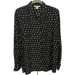 Vintage 80’s Ann Taylor 100% Silk Blouse Black Multi Dot Sz 10 Long Sleeve EUC